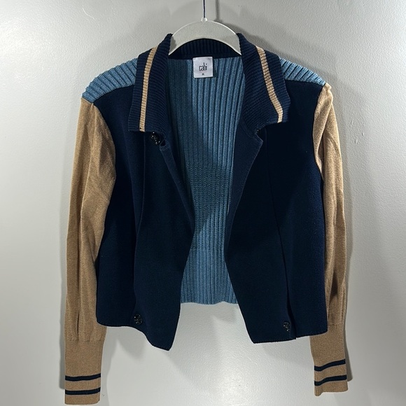 CAbi Navy and Tan Colorblock Open Front Collared Cardigan Jacket Size Medium - Picture 1 of 6